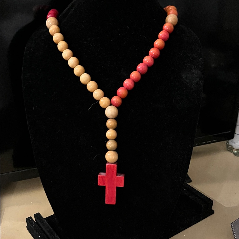 Red and Orange Wooden Beaded Cross Necklace. 20”drop